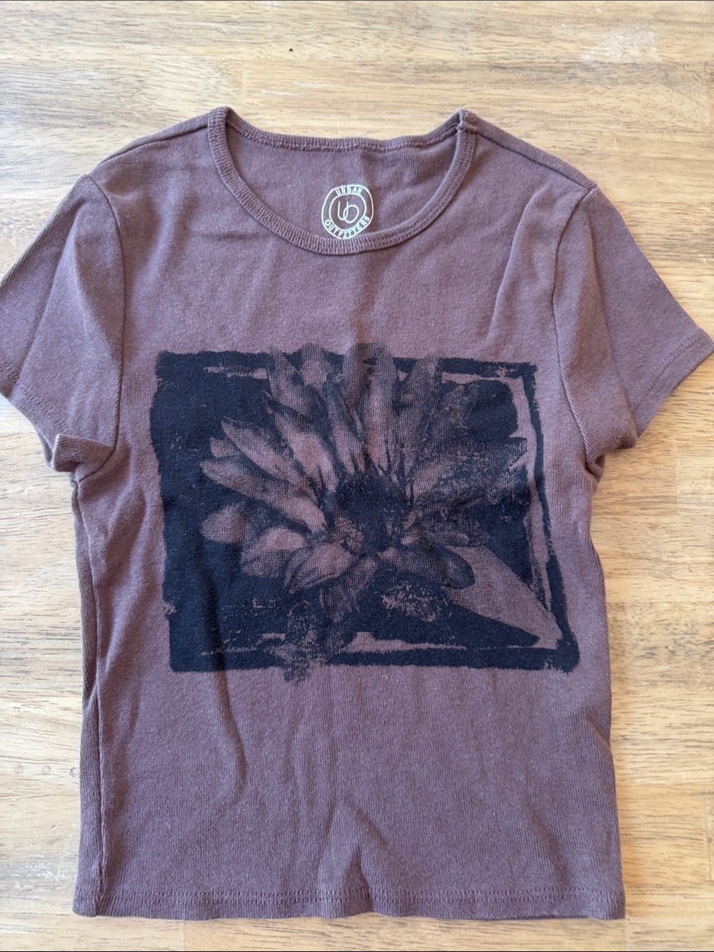 Urban Outfitters Brown Crop Tee with Black Floral Graphic